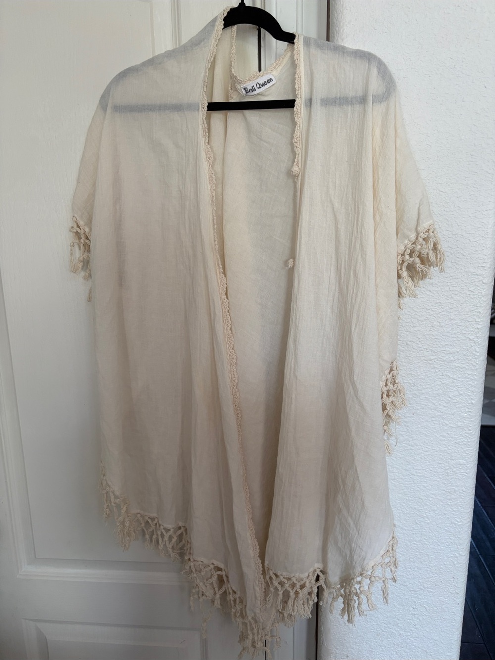 Bali Queen Crochet Cream Fringe Kimono Beachy Oversize Light Cardigan Cover-Up